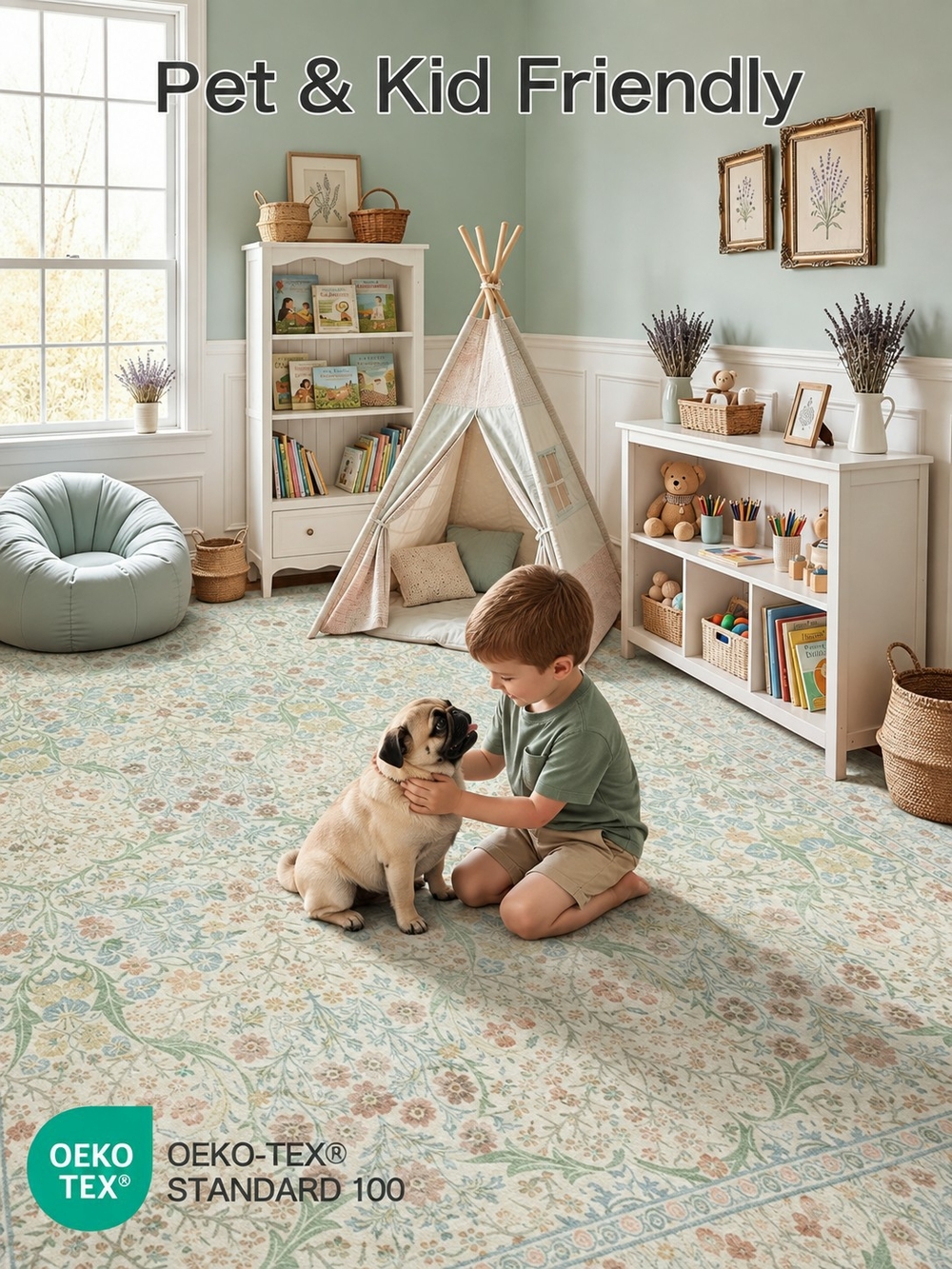 5x7 Washable Area Rug Low Pile Dog Friendly Woodland Foliage Green Blue Gold